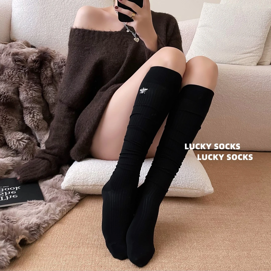 黑色弹力小腿袜长袜秋冬御姐袜子女纯棉及膝过膝高筒袜美腿堆堆袜