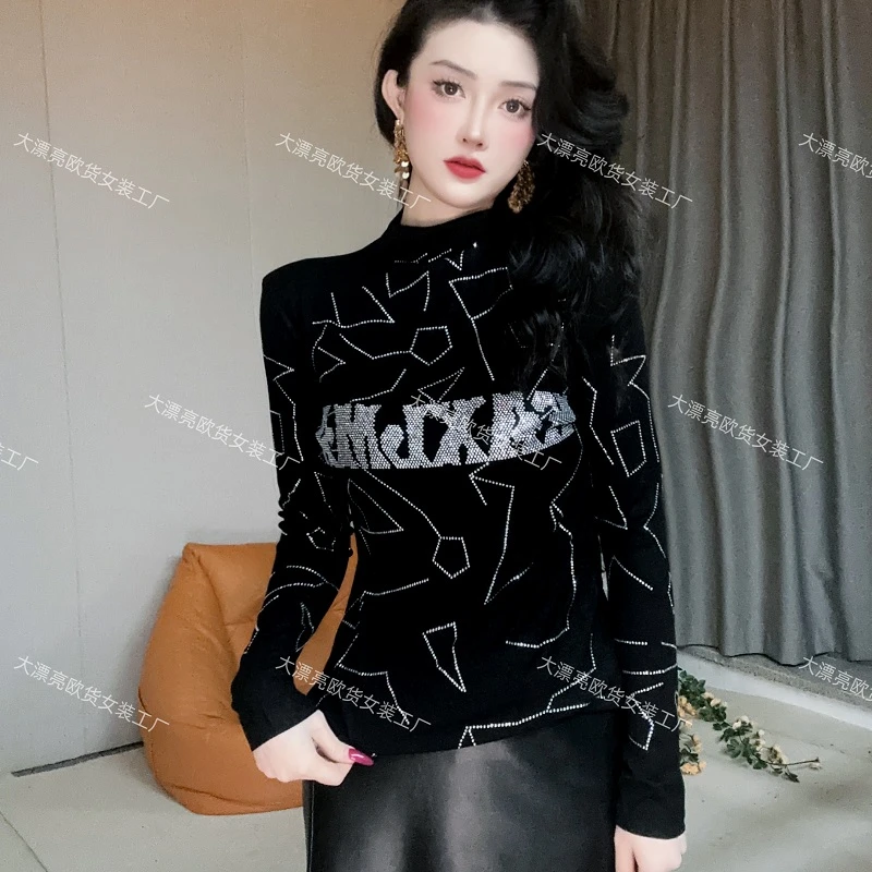 361【春秋薄款】 MXA字母半高领长袖上衣重工烫钻T欧货显瘦打底衫