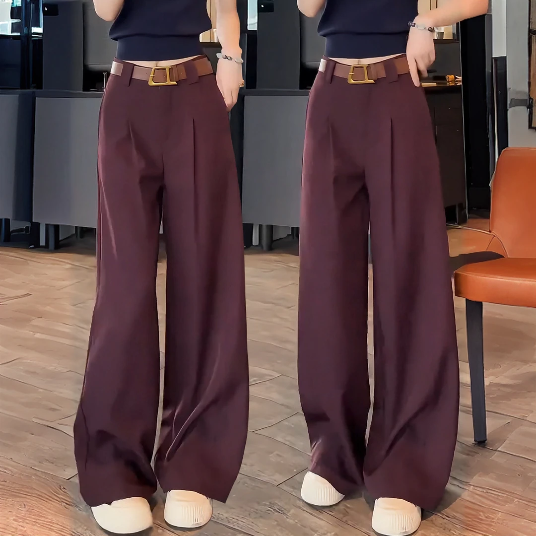 玫紫色西装阔腿裤女2025春秋季新款垂坠感高腰休闲直筒拖地长裤子