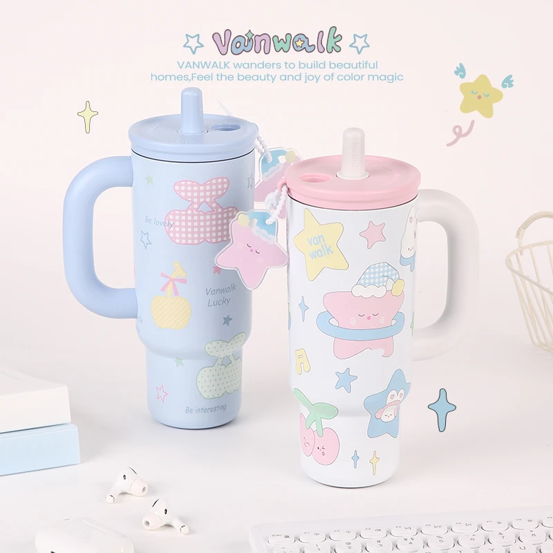 VANWALK幸运星 少女马卡龙吸管保温杯大容量水杯女生颜值吨吨水壶