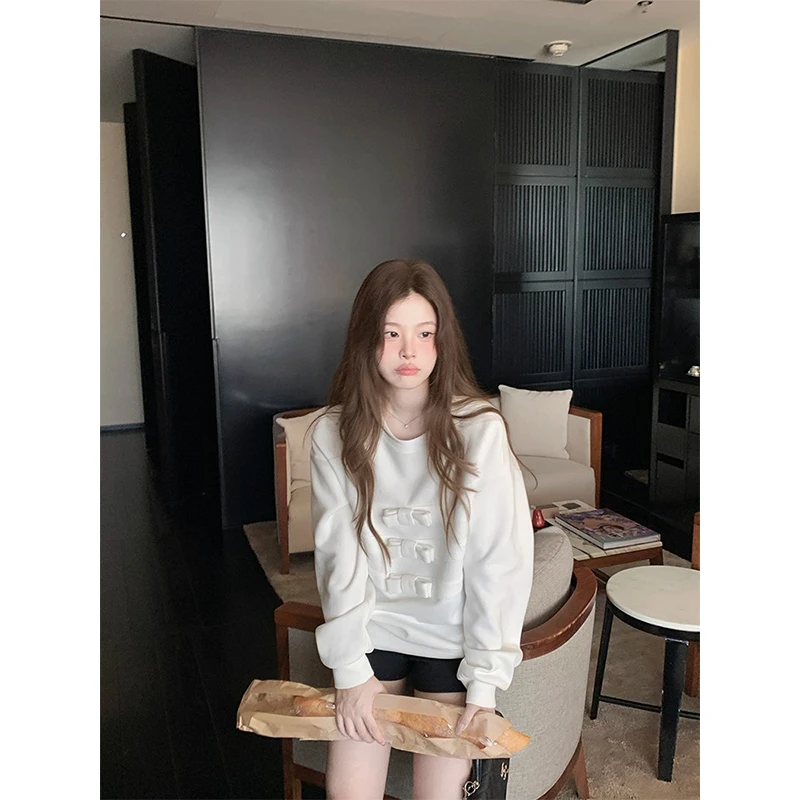 卫衣女韩系简约蝴蝶结圆领长袖早秋季慵懒风休闲白色显瘦套头上衣