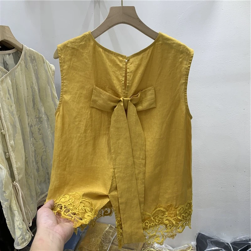 欧版地袖减龄圆领无袖麻料小衫潮早秋款高级感后背蝴蝶结飘带小衫