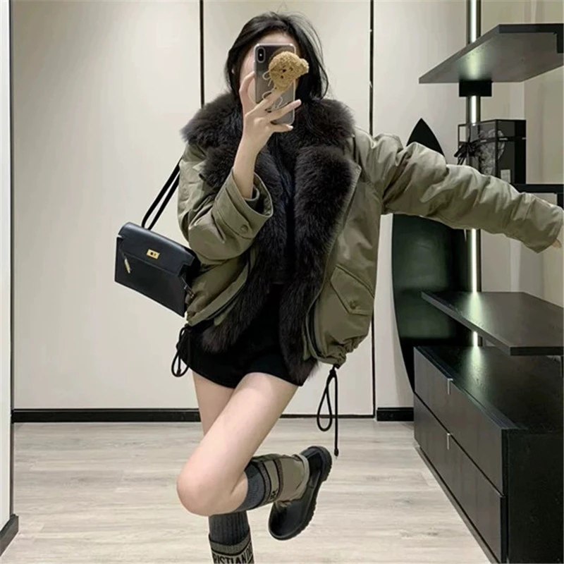 2025年新款狐狸毛领西装领皮草外套女冬季白鸭绒羽绒机车派克服