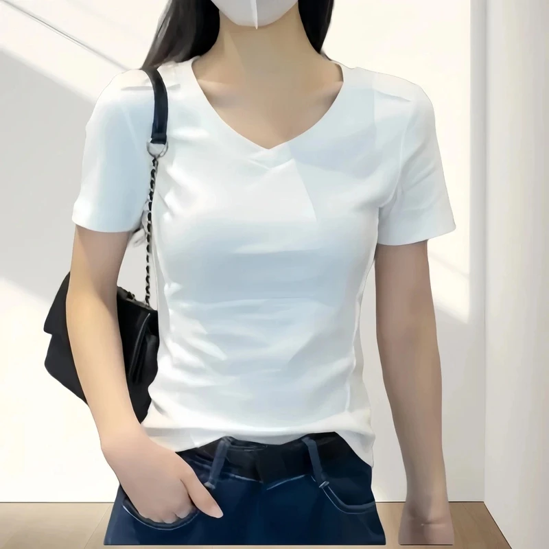 新款白色V领鱼骨正肩短袖t恤女春夏修身设计感秋季设计翻领针织衫