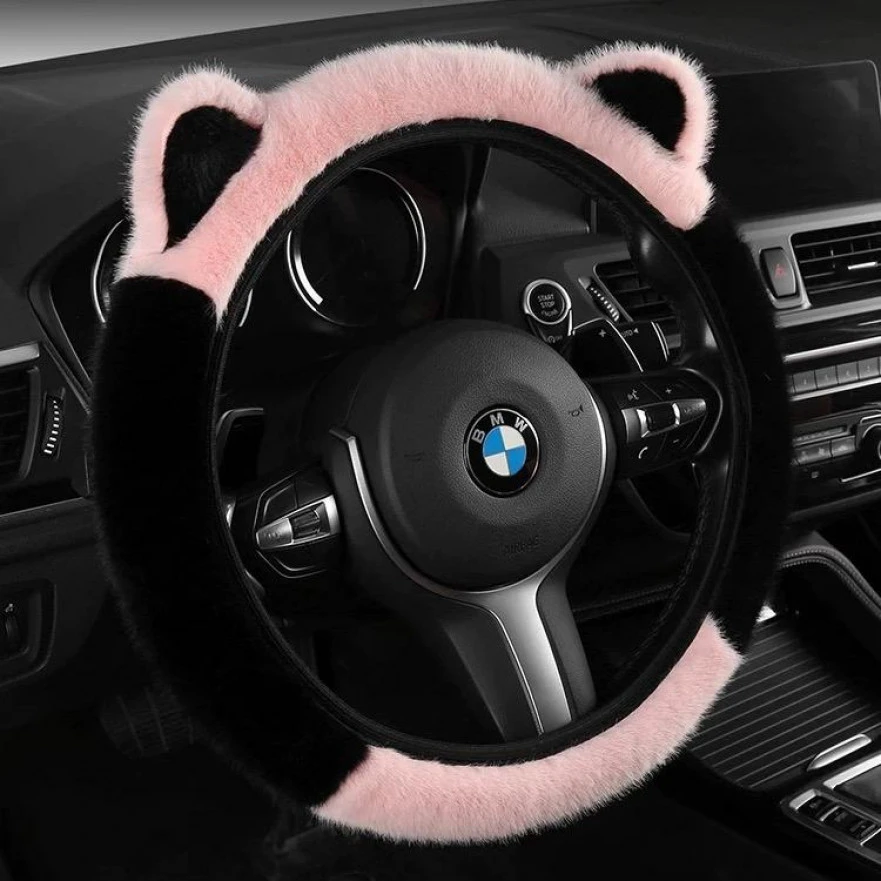 防貂毛方向盘套冬季保暖防寒长毛绒可爱耳朵弹力把套通用