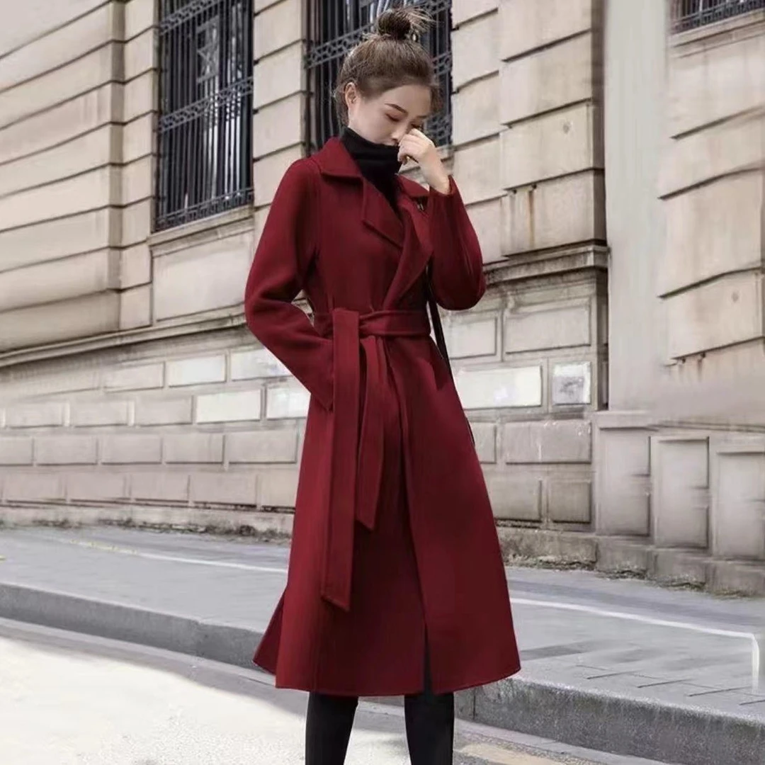 时尚气质显瘦网红红色双面秋冬女装外套中长款呢大衣酒红色简约通