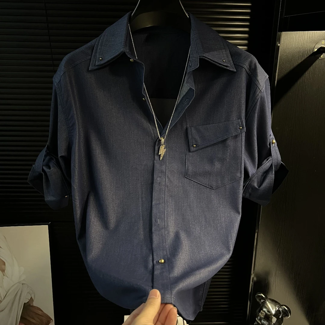 H-2025夏季新款男士短袖冰丝牛仔衬衫不规则口袋设计感宽松衬衣