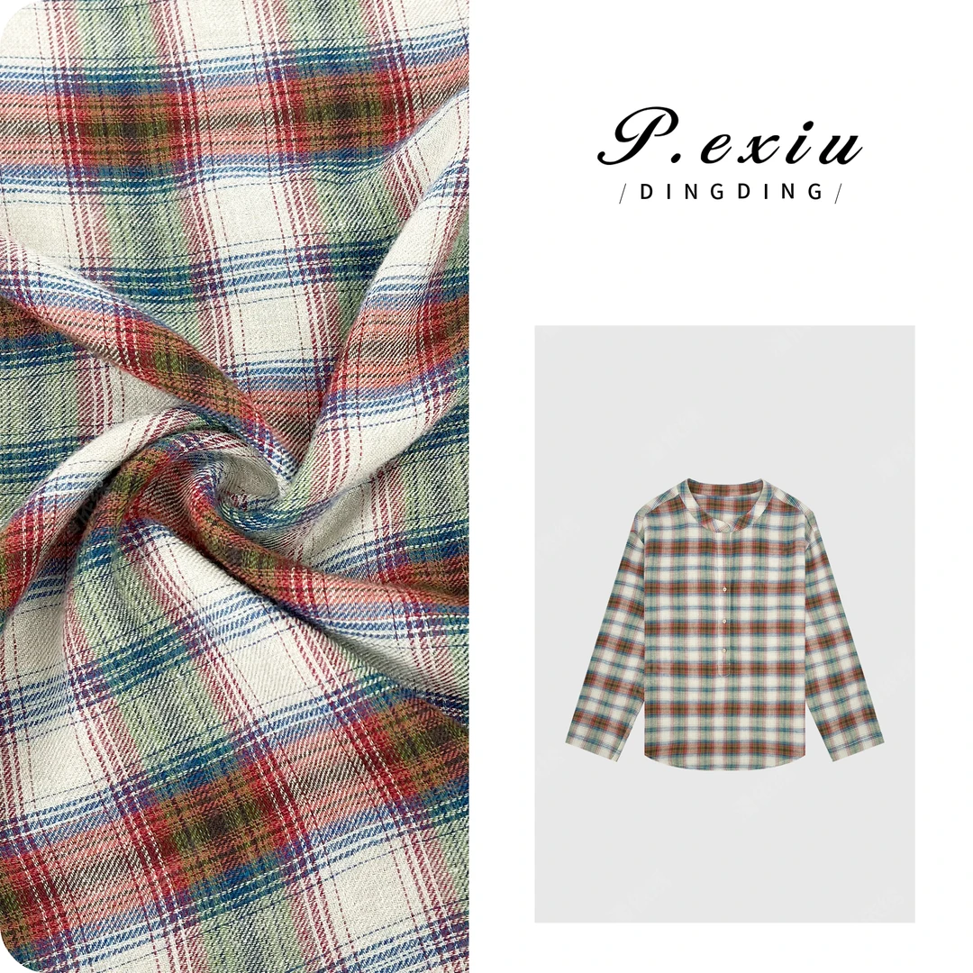 PanYiXiu/潘依绣【森林物语】羊-毛-人丝肌理感格子圆领衬衫W-62275