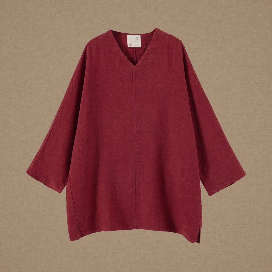 【以之】设计师品牌原创亚麻宽松大版v领开叉上衣百搭显气质小衫女