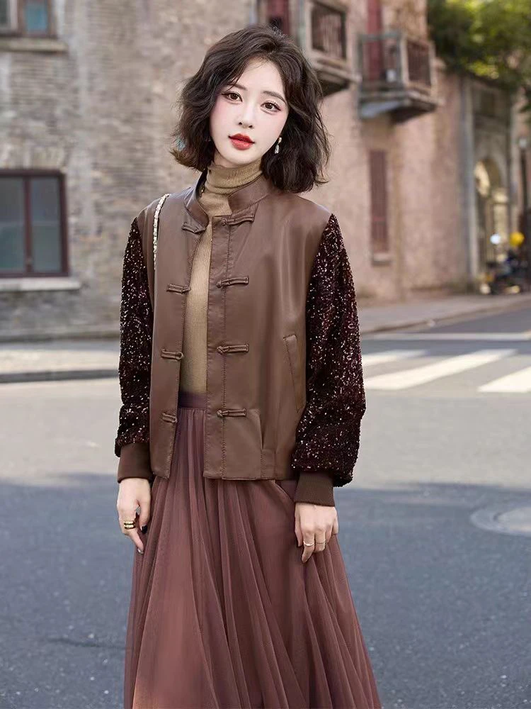 8862 咖色亮片外套