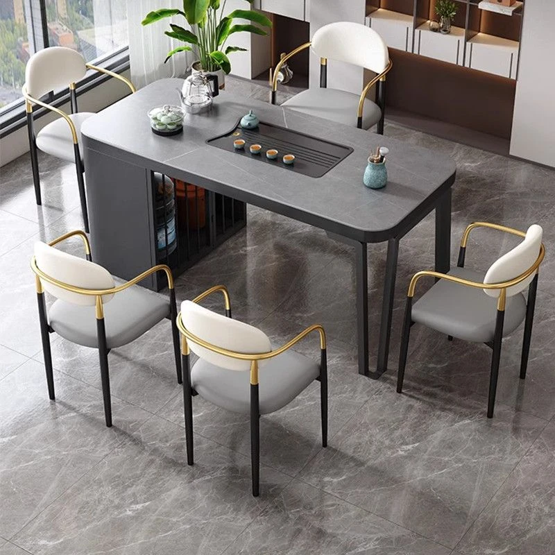 现代简约轻奢岩板茶桌椅组合办公室茶台轻奢高级感办公一体喝茶桌