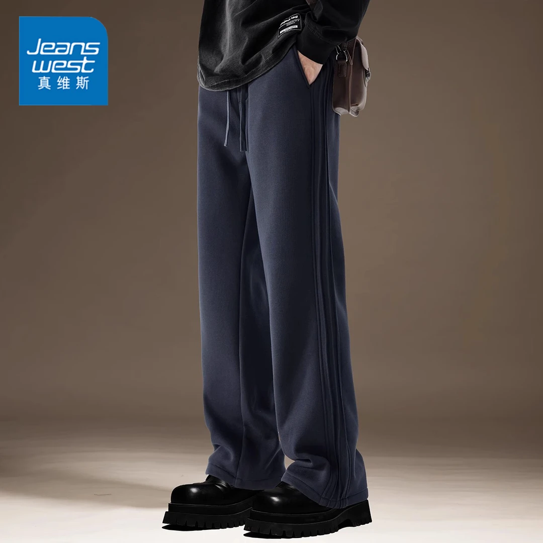 Jeanswest/真维斯潮流条纹休闲裤男士秋冬宽松直筒加绒运动卫裤子