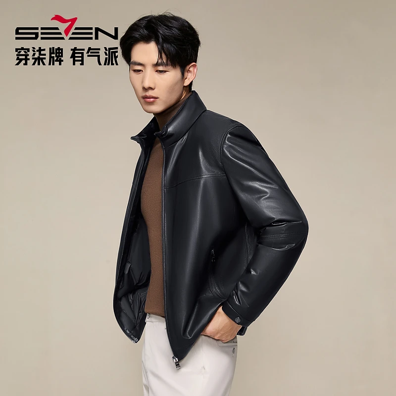 【高端系列/轻薄山羊皮/85鹅绒】柒牌立领商务厚款防风真皮皮衣男