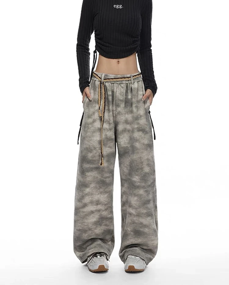 D05#某饱138！做旧扎染渐变休闲裤男女新款简约垂感阔腿拖地裤
