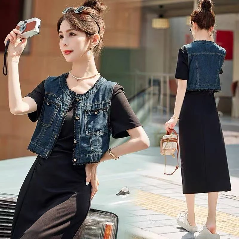 时尚马甲连衣裙套装ZBT32995裙长115衣长41（卡码往小拍）