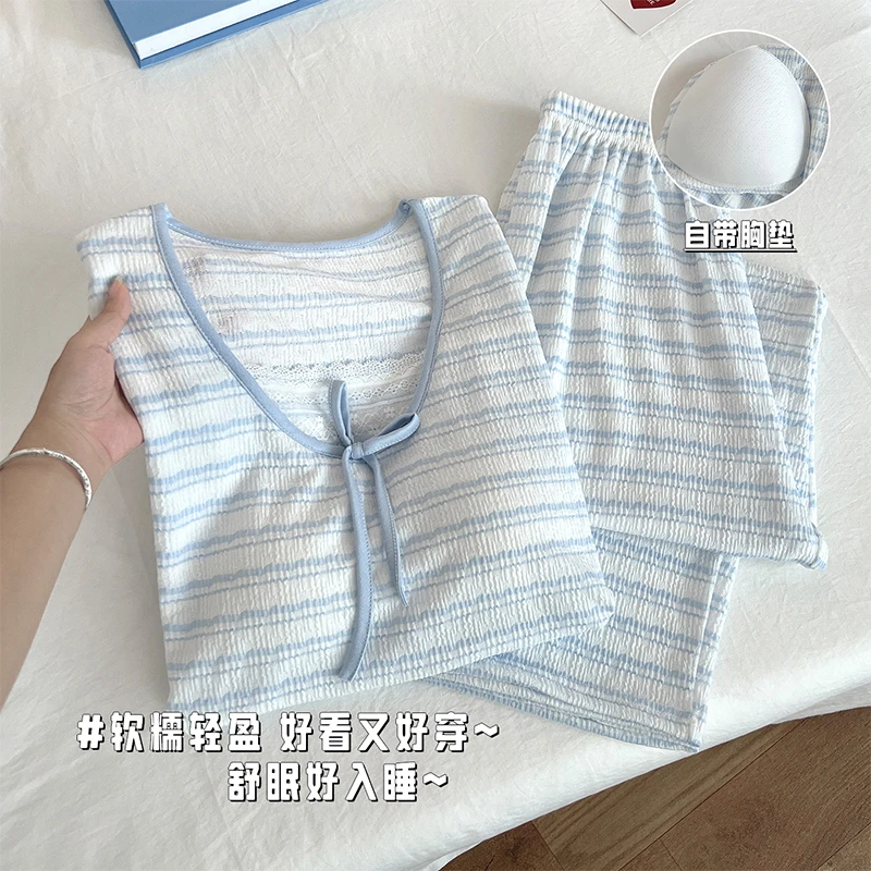 带胸垫睡衣女春秋季新款长袖性感网红条纹高级感可外穿家居服套装