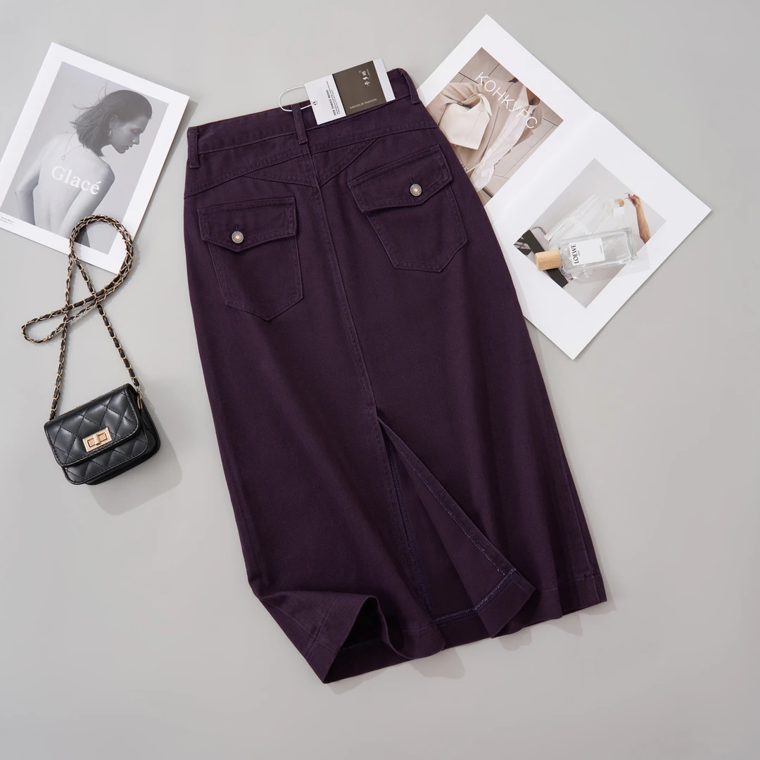 【运险+现货】E夏季薄款富贵紫色商务显瘦A字牛仔半身裙女
