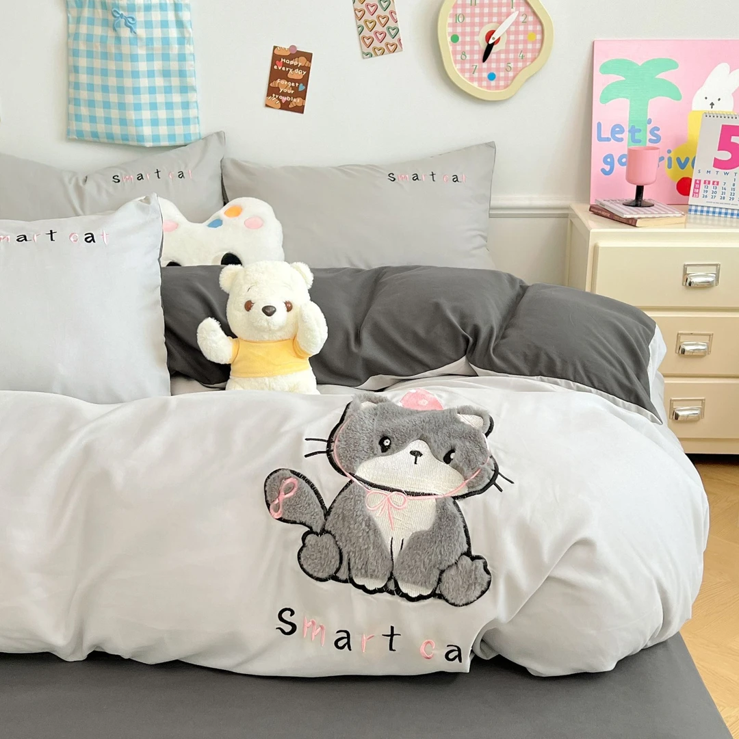2025新款贴布绣床上四件套卡通水洗棉春夏被套被罩床单宿舍三件套