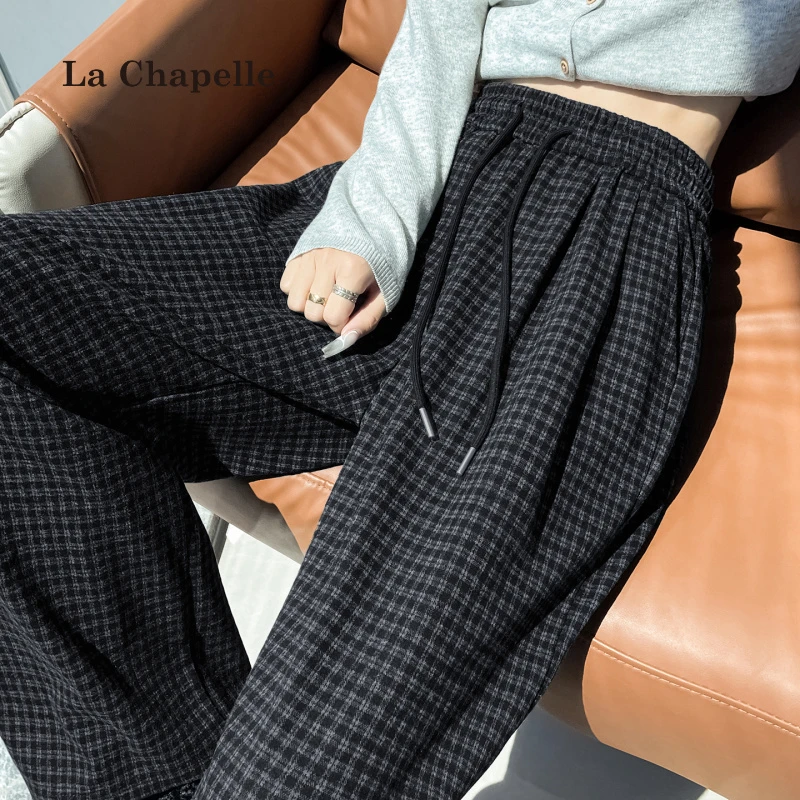 拉夏贝尔格纹阔腿裤女秋冬高腰直筒显瘦2025慵懒风百搭新款格子裤