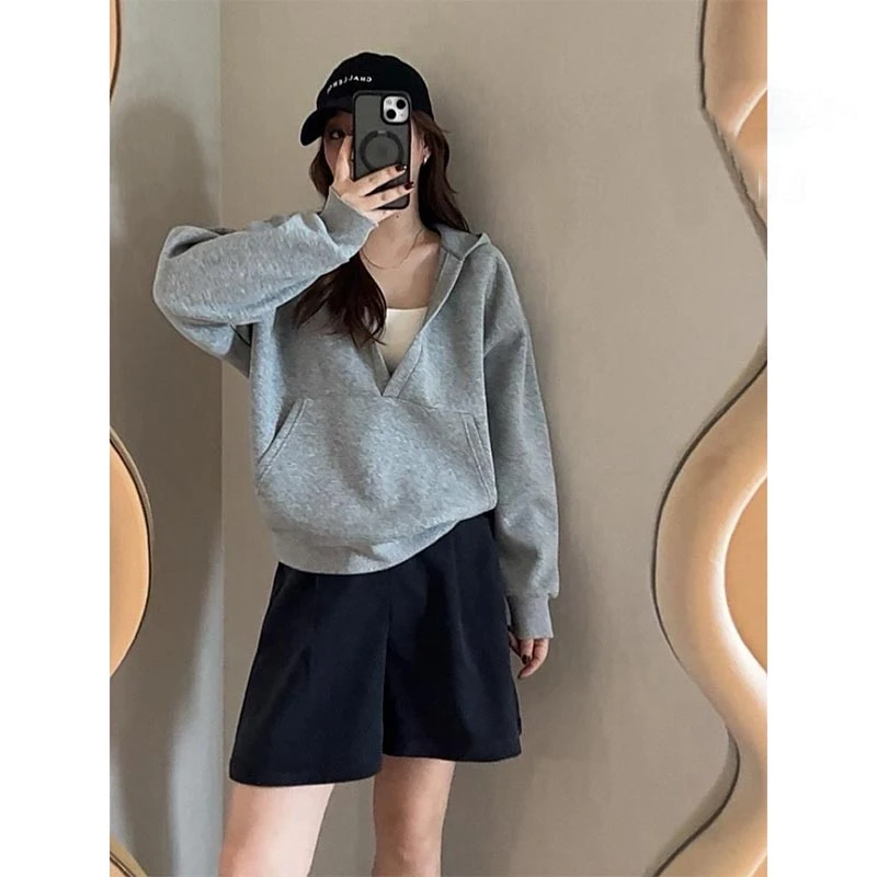 韩版时尚大V领连帽卫衣女2025年春秋季新款纯色休闲百搭宽松上衣