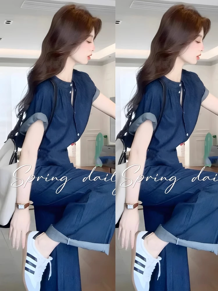 2025夏季超火减龄穿搭一整套高级感港味复古牛仔衬衫阔腿裤套装女