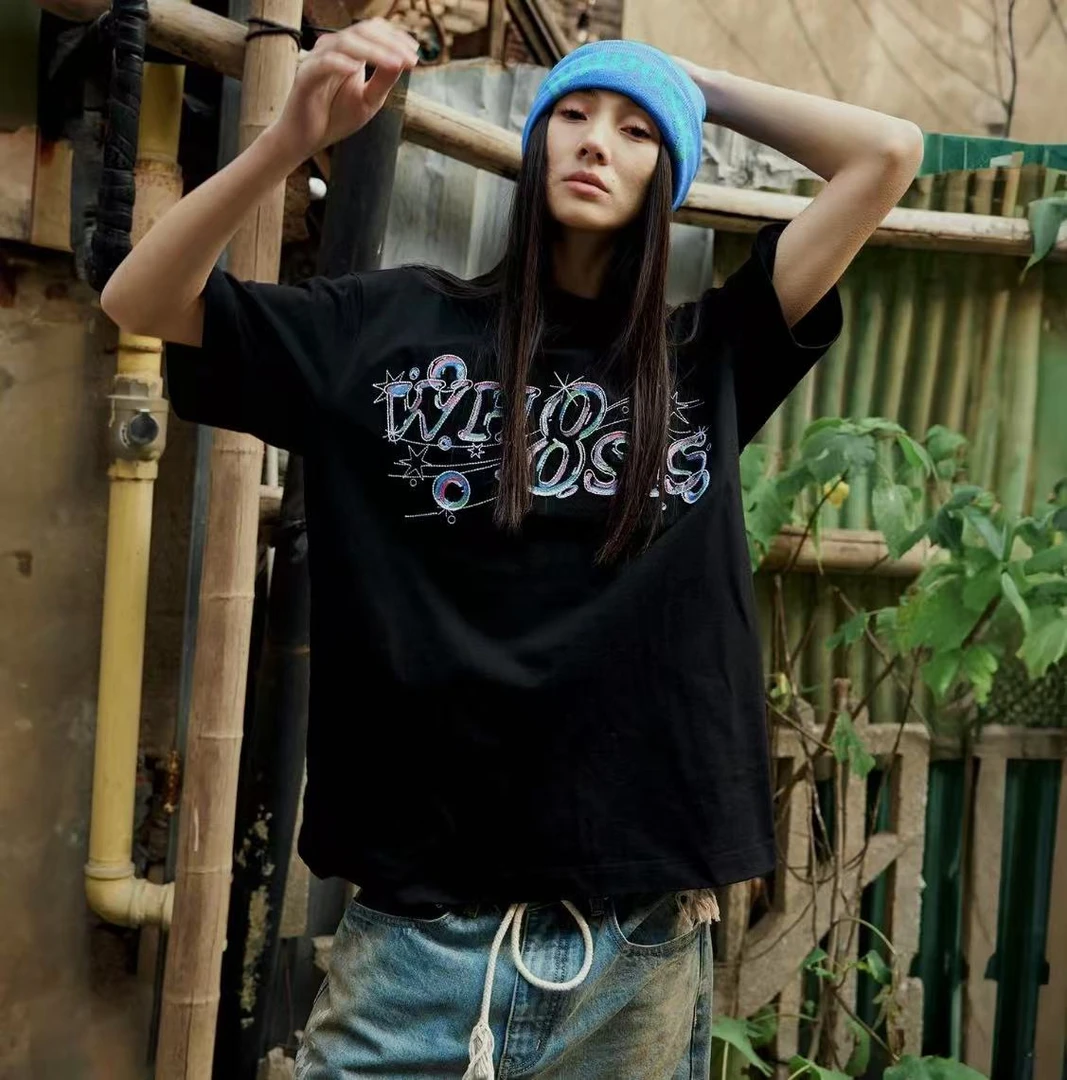 W8重磅彩色泡泡刺绣短袖男女同款