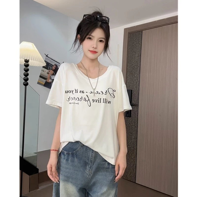 字母V领短袖T恤女夏季2025新款百搭宽松显瘦遮肉慵懒风小众上衣潮