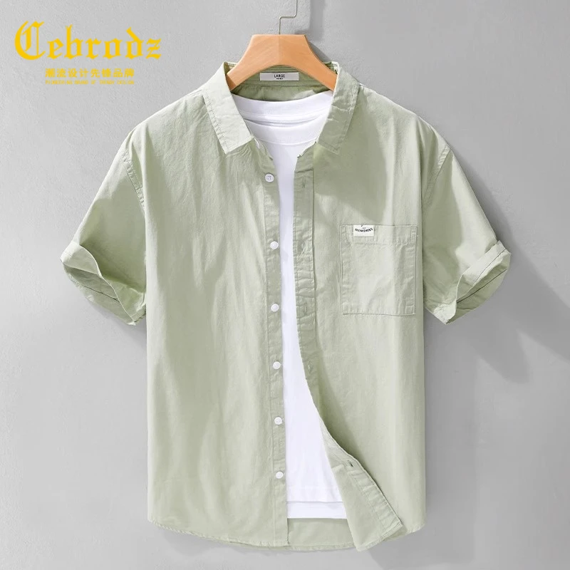 法国Cebrodz纯棉短袖男夏季衬衫新款衬衣男士夏日纯色工装5分半袖
