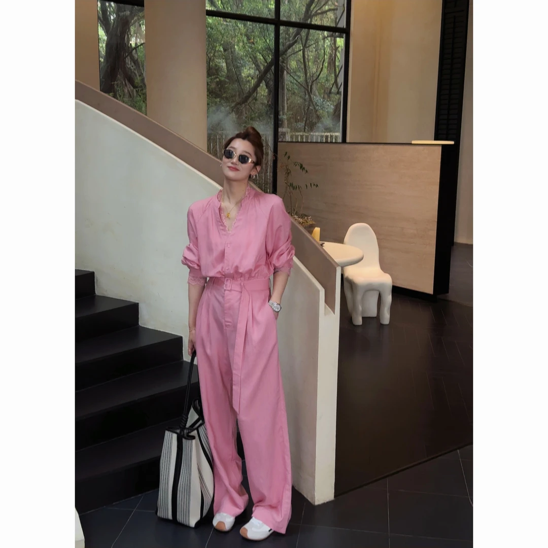 【清】祝喜喜【都市身影】天丝亚麻莱赛尔蕾丝花边夏季显瘦长袖连体裤