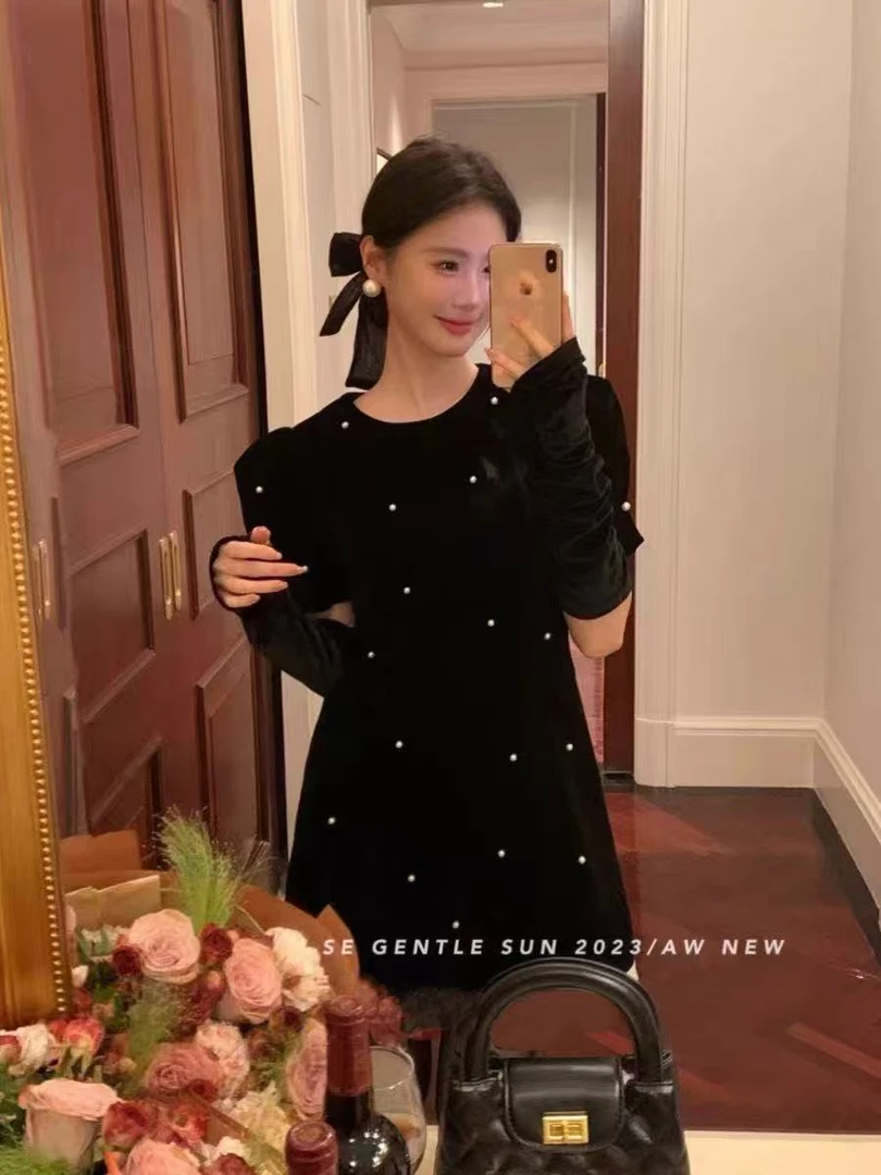 【芝士甜心】法式高级感丝绒钉珠小洋装气质显瘦礼服连衣裙