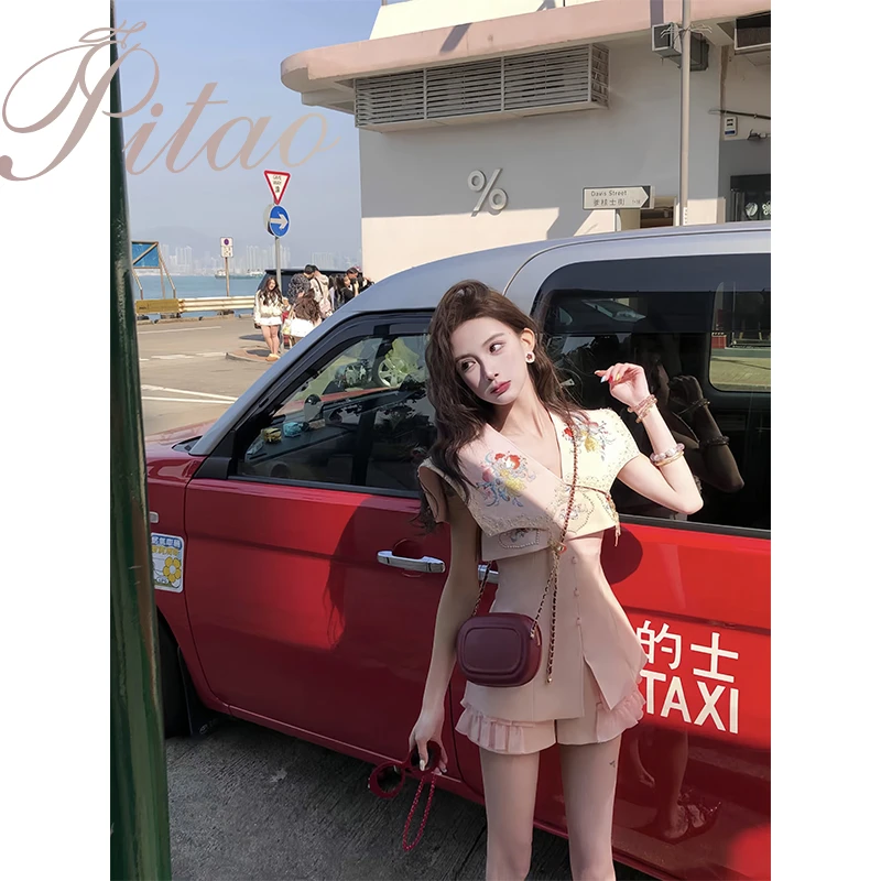 杜屁屁桃PITAO原创【长乐未央】春季新款洋气外套+吊带+短裤