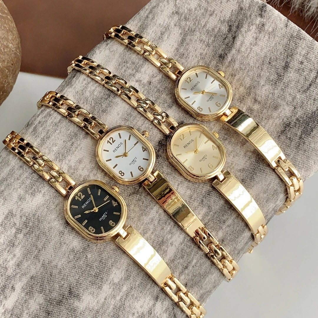 中古高级感手表女半手镯式手链表复古金色石英表小巧精致女士腕表