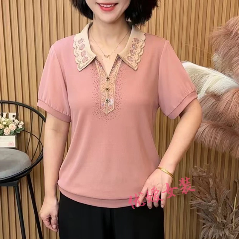 妈妈装夏季时尚撞色翻领烫钻透气显瘦中老年女装短袖上衣 A2792