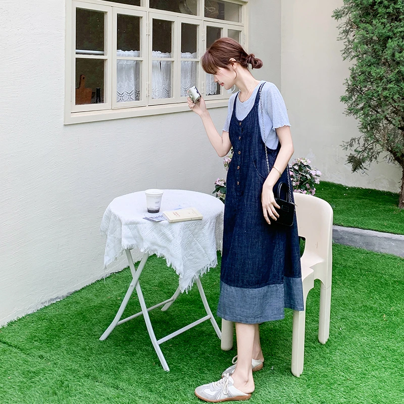 减龄学院风爆款休闲连衣裙套装女2025夏季新款流行T恤牛仔背带裙