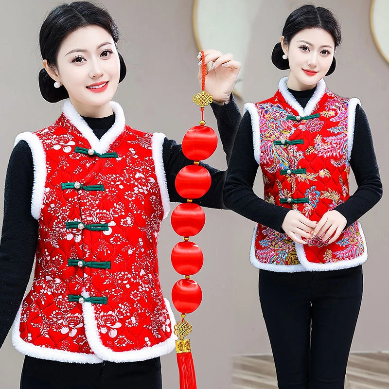 新款马甲东北中国大花民族复古妈妈女装棉袄加厚盘扣坎肩加绒保暖