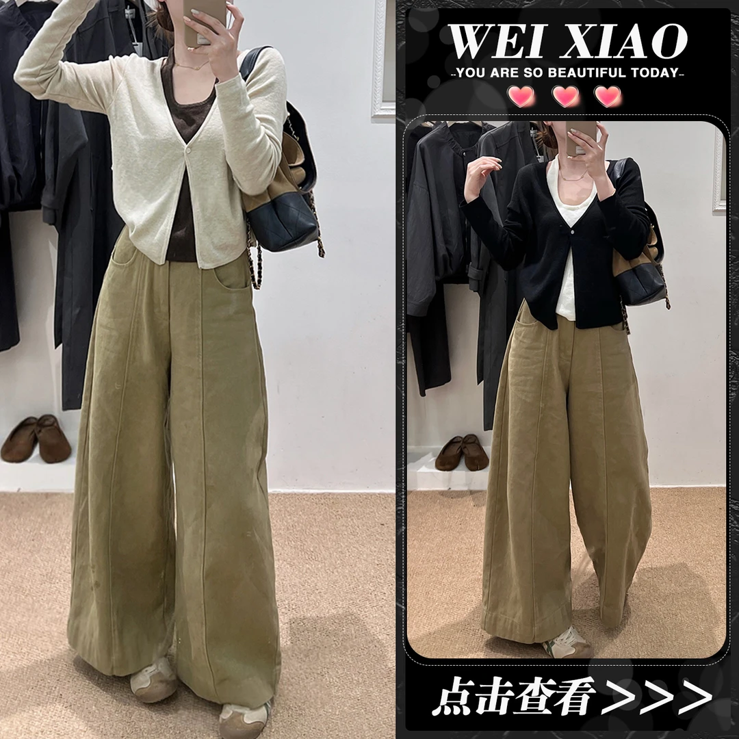 韩系2025春秋新款时尚挂脖吊带假两件针织上衣女高腰直筒裤两件套