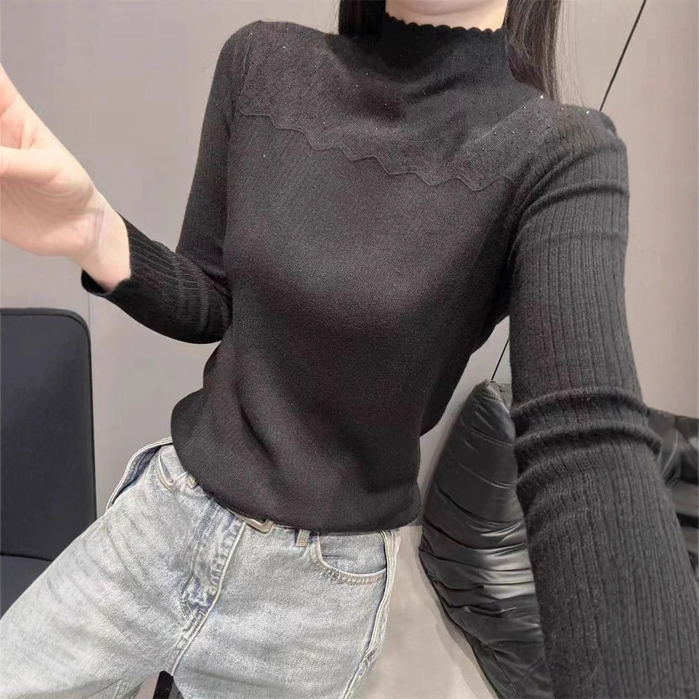 欧货重工烫钻针织衫毛衣女冬季新款洋气轻熟风半高领内搭打底上衣