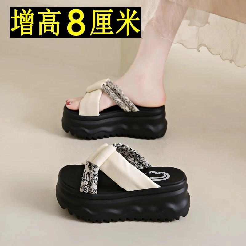 8cm厚底仙女风凉拖鞋女夏外穿2025新款小个子增高轻便休闲一字拖