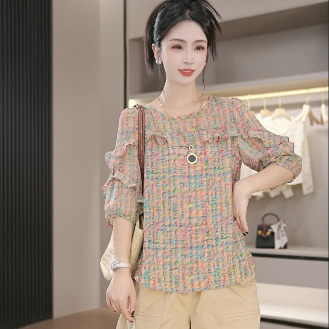 【彩虹】夏季新款上衣时尚洋气减龄显瘦印花衬衫女