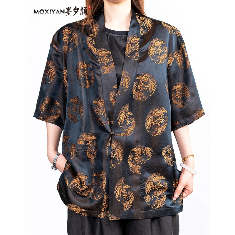 【墨夕颜】2025桑蚕丝香云纱 定胜纹蝶恋花老缎汉服-MH-806