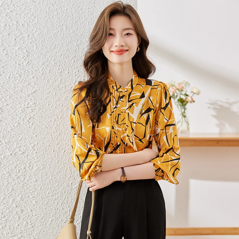 长袖印花四季通用波点泡泡袖衬衫洋气气质七分袖复古春季女士