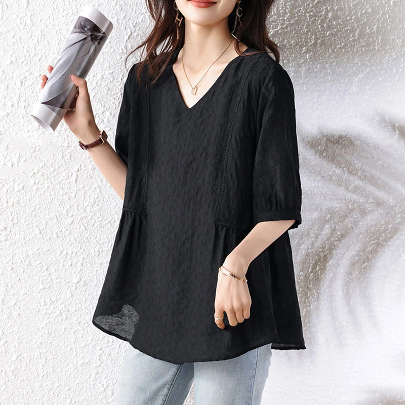 黑色显瘦时尚短袖衬衫女士夏季2025新款宽松收腰大码v领休闲上衣