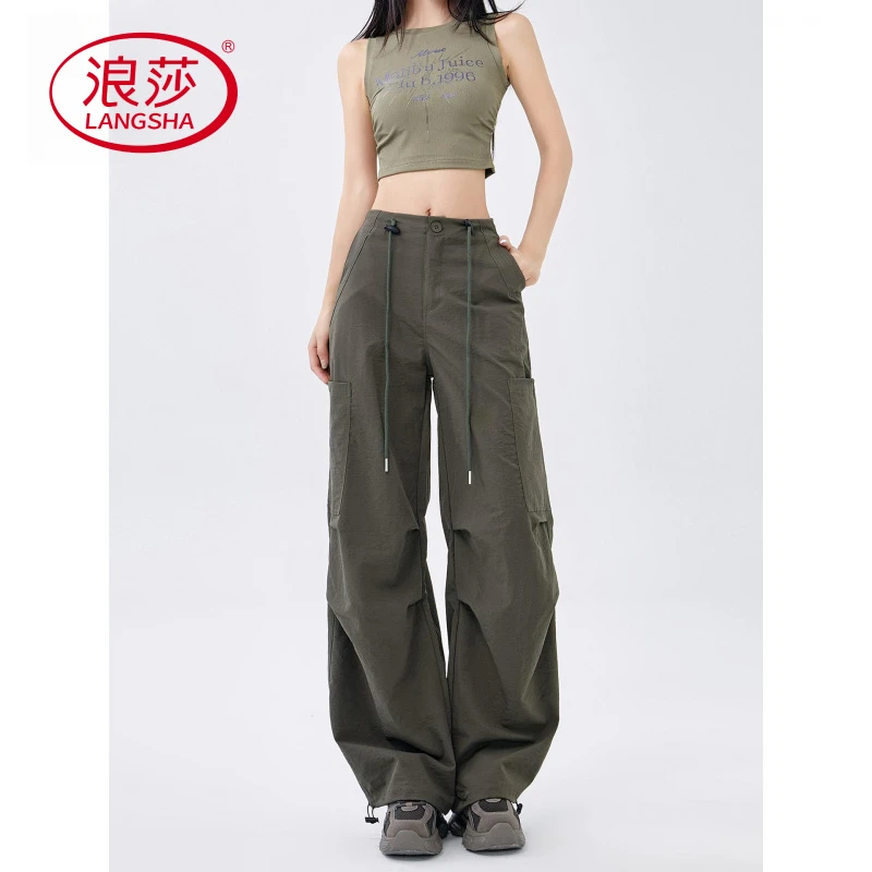 美式军绿色工装裤女夏季2025新款高腰宽松显瘦阔腿休闲运动伞兵裤