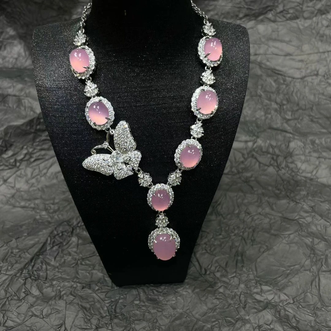 新中式粉色玉髓镶嵌玛瑙蝴蝶款国风晚宴结婚项链名媛礼物