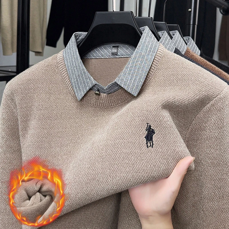 【加绒加厚】男士冬季毛衣商务休闲假两件纯色翻领衫衬衫领保暖上衣