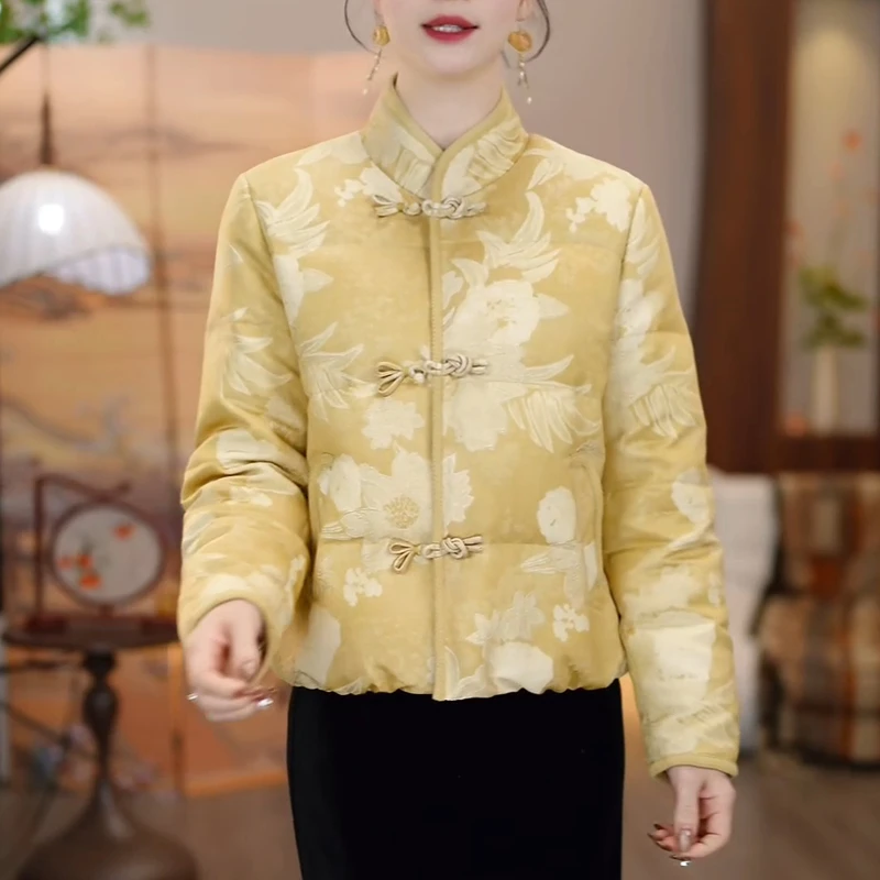 国风时尚花色短款羽绒服女2025年冬季新款减龄妈妈装加厚保暖外套