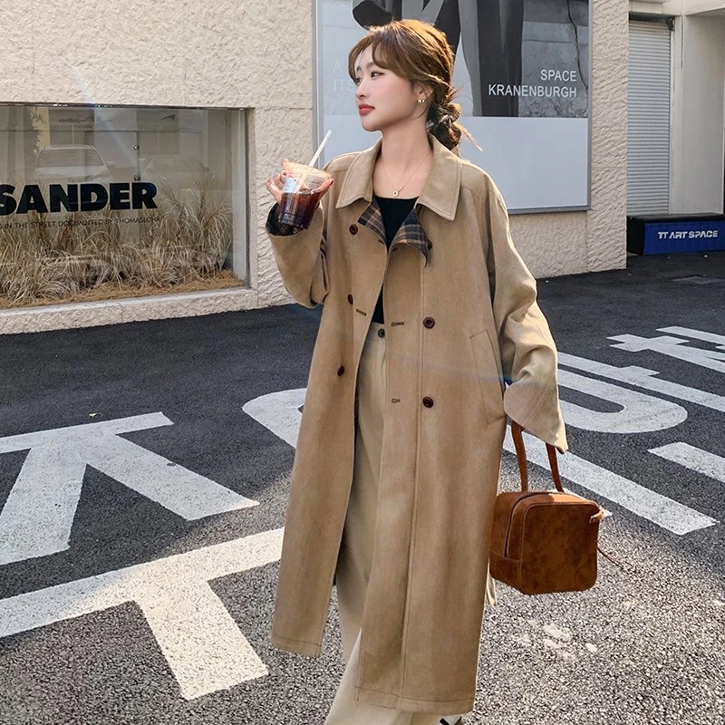 1351-1360秋季风衣女直筒型宽松中长款常规款口袋小个子格子