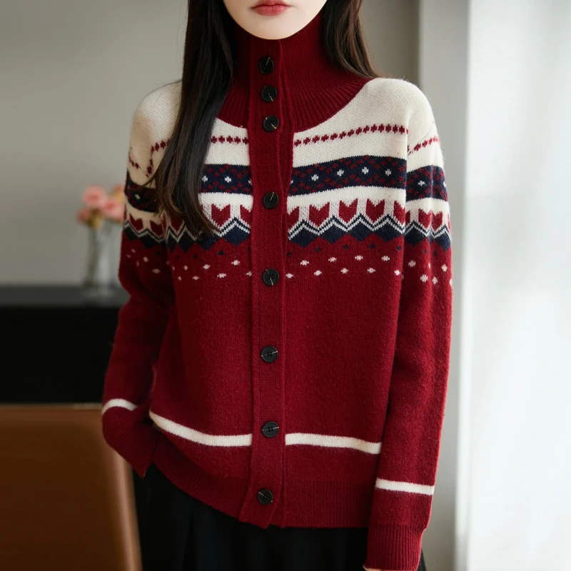 哥弟阿玛施正品秋冬新款洋气提花高翻领羊毛针织衫女外搭开衫毛衣