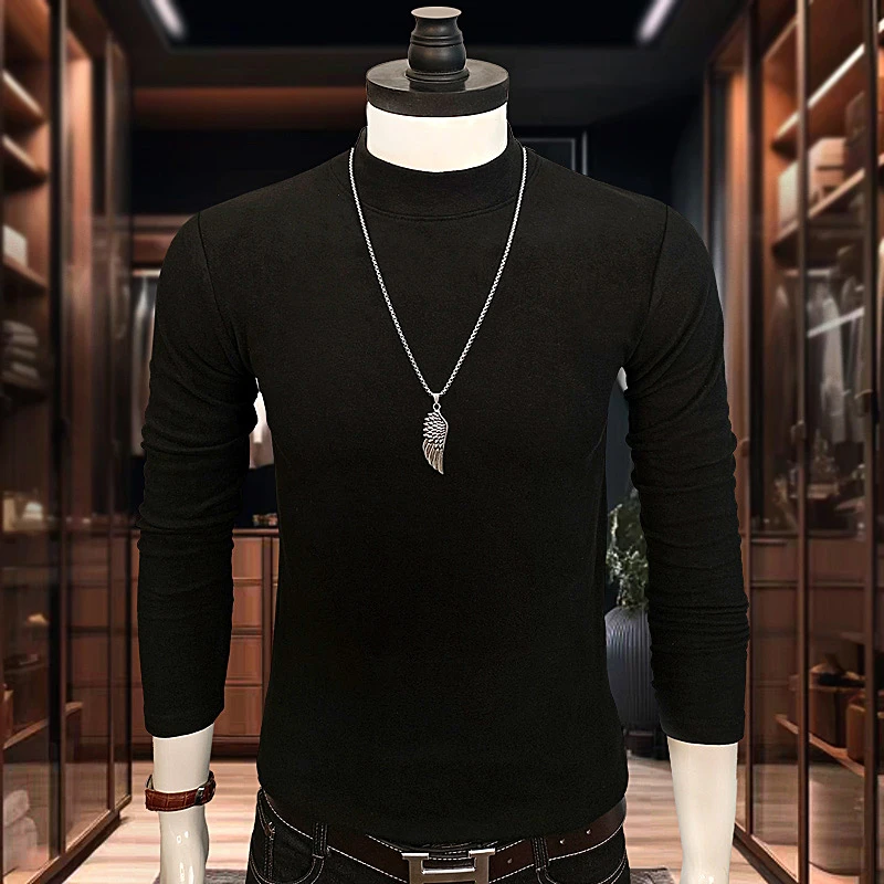 秋冬韩版男士修身德绒保暖上装T恤青年半高圆领内搭纯色长袖打底