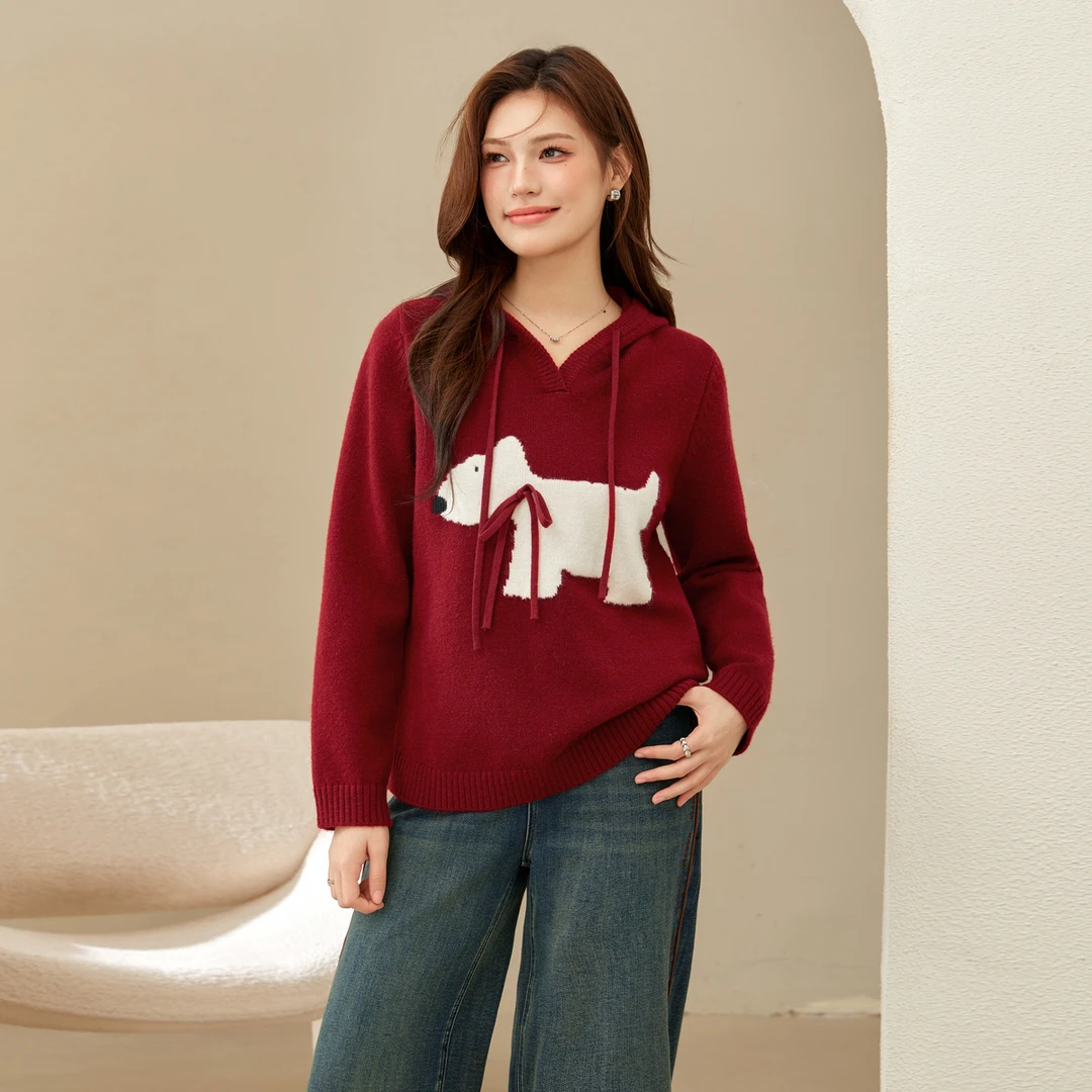 【格雷系设计感慵懒小狗连帽毛衣】纤莉秀大码女装显瘦上衣QK0626